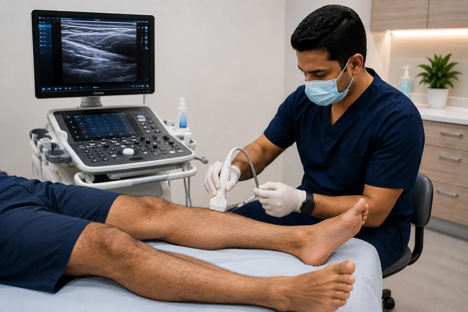 Ultrasound guided procedure being performed on a patient's leg